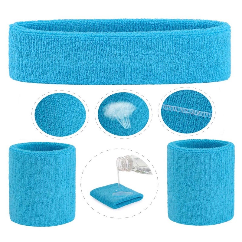 ONUPGO Sweatband Set Sports Headband Wrist Striped Sweatbands Terry Cloth Wristband Athletic Exercise Basketball Wrist Sweatband and Headbands Moisture Wicking Sweat Absorbing Head Band Neon Blue - Image 3